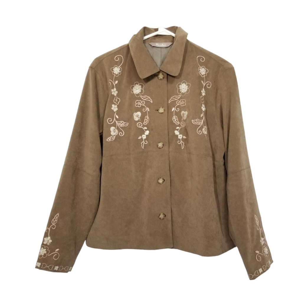 Tanjay embroidered soft button up brown size small blazer jacket.